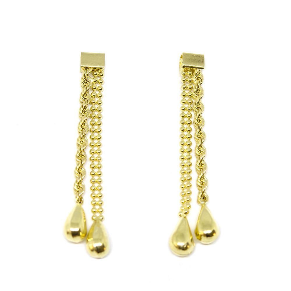 Brinco Longo com Malha Corda e Bolita em Ouro Amarelo 18 Kilates - 25062